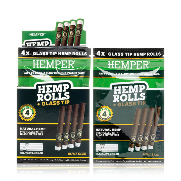 Pre-enrollados Mini Rolls 4 PK con Boquilla de Vidrio - Hemper